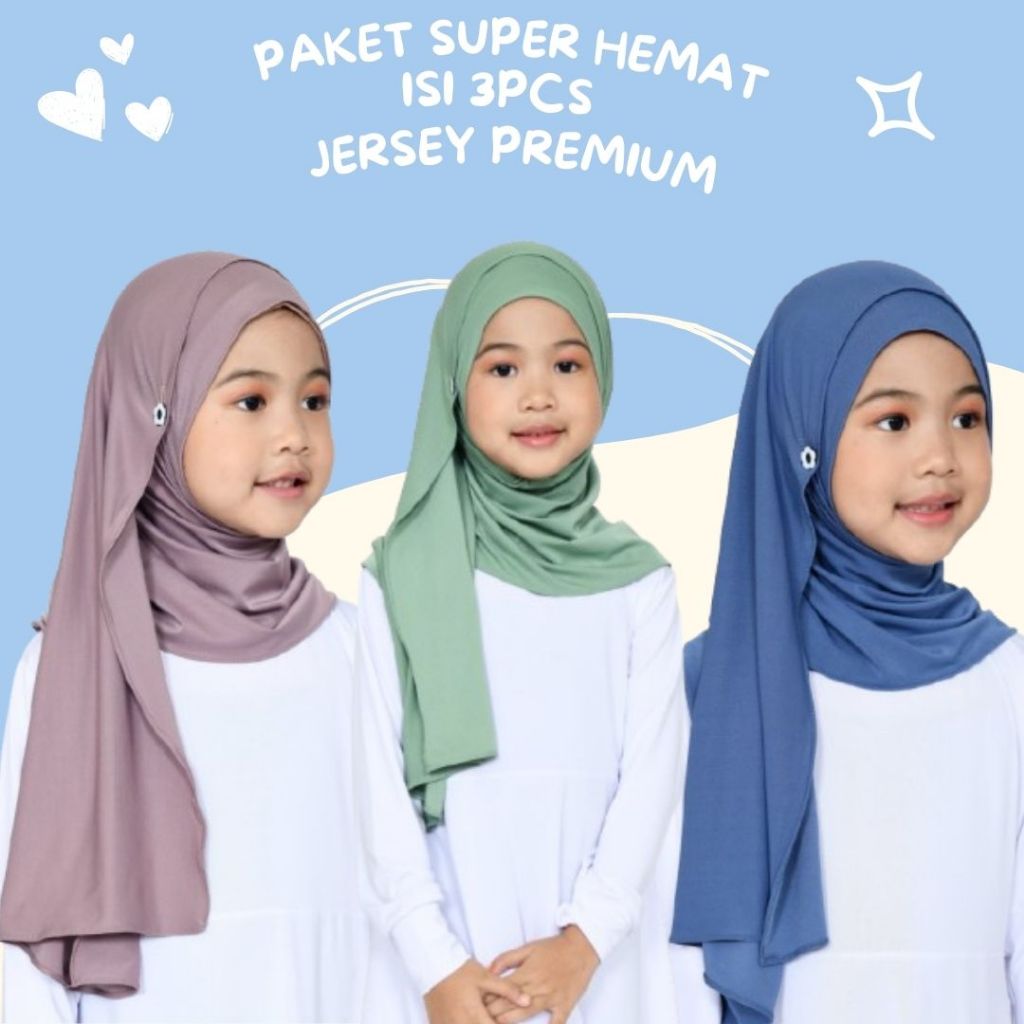 Paket Super hemat isi 3pcs 40K Jilbab Anak Pashmina kancing Kerudung anak Jersey premium Umur 2-8 ta