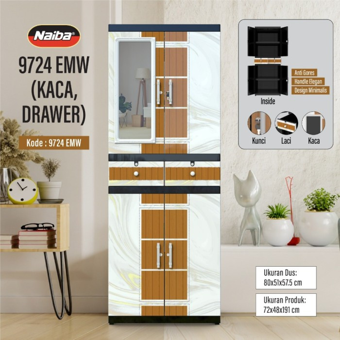 Naiba - 9724 / 9704 MSC DRAWER | Lemari Pakaian Plastik Naiba FIT Jumbo Kaca Miror + Kunci Full Rak 