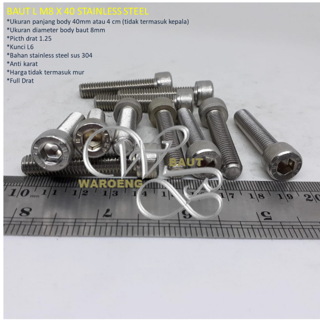 BAUT L M8X40 STAINLESS STEEL SUS 304 / BAUT L STAINLESS STEEL M8 X 40 / Baut M8x40mm Kunci L6 /Baut 