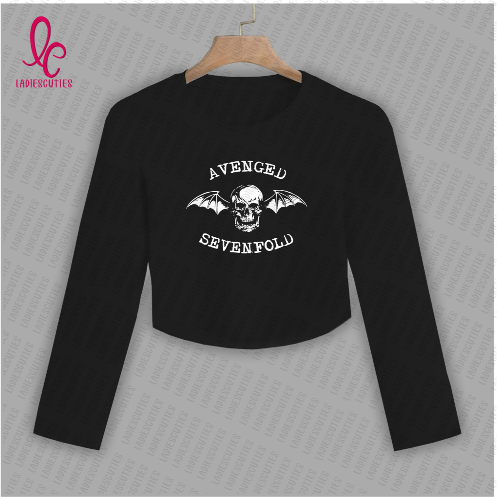 Ladiescuties Kaos Crop top lengen panjang avenged sevenfold skull sayap yinyang T-shirt wanita