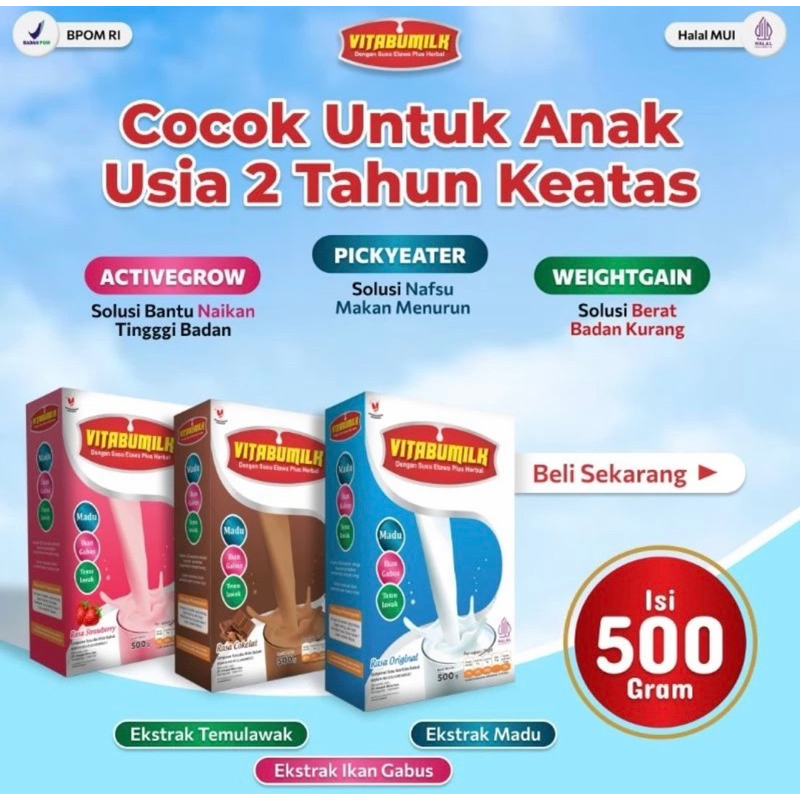 

1 BOX 500 GRAM VITABUMILK SUSU KAMBING ETAWA MEMAKSIMALKAN KECERDASAN ANAK || MENAMBAH NAFSU MAKAN & BERAT BADAN ANAK || BPOM HALAL