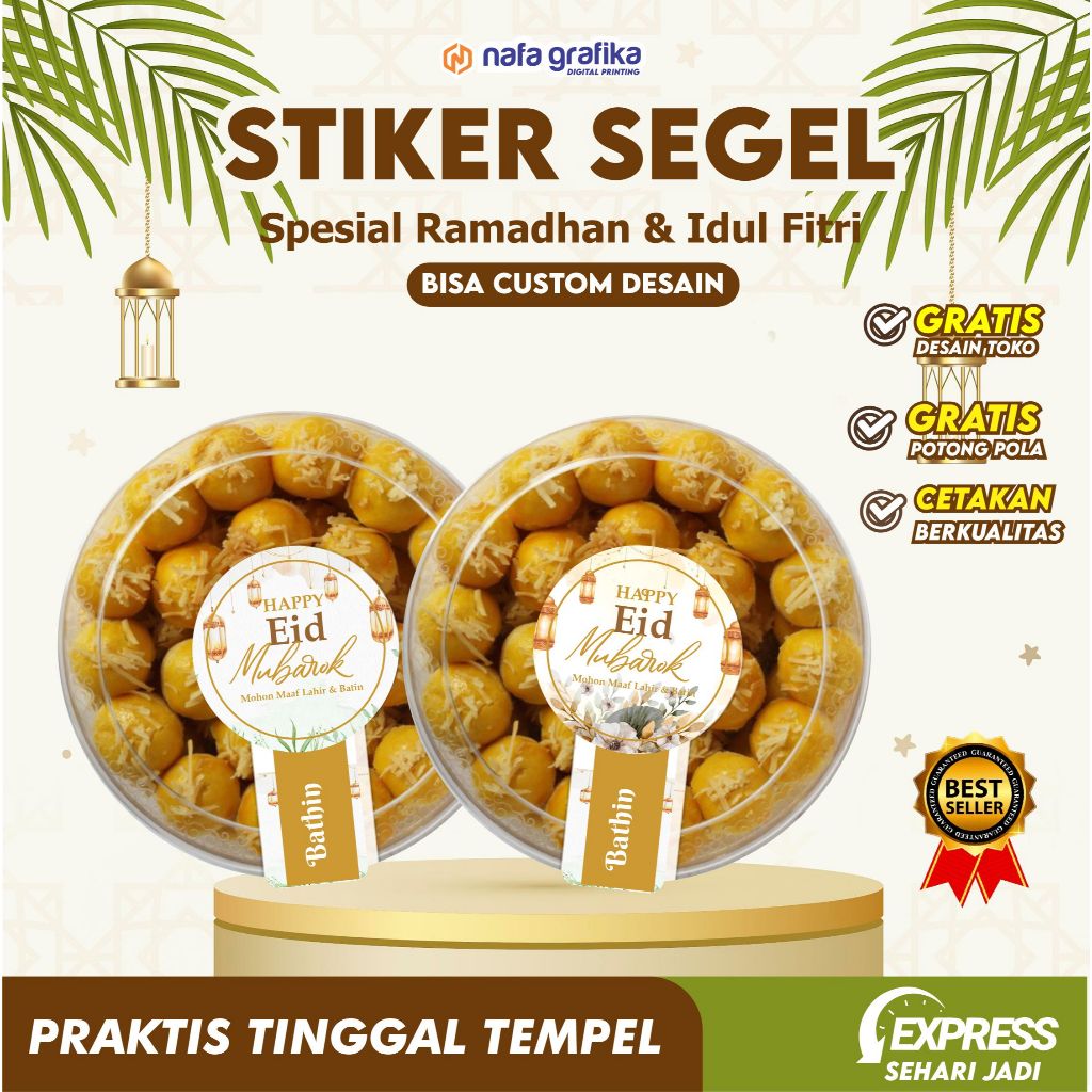 

CETAK STIKER SEGEL LABEL KEMASAN IDUL FITRI LEBARAN STICKER TOPLES KUE KERING ELEGAN FREE CUTTING