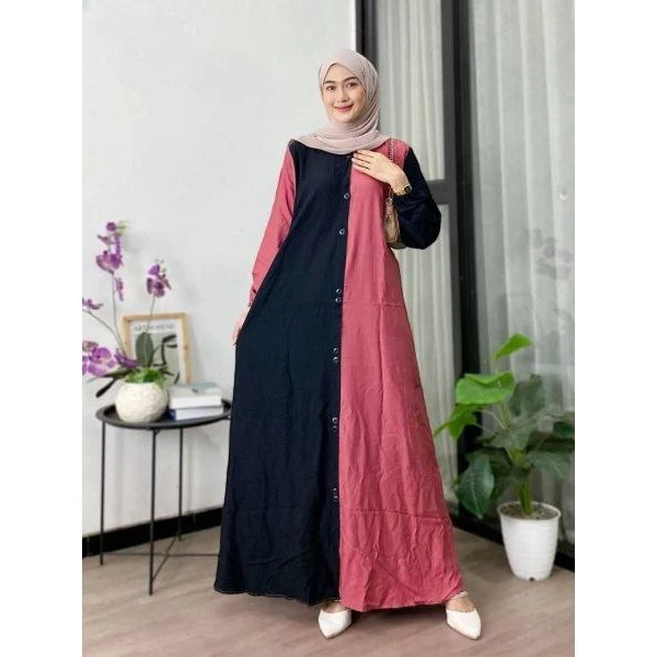 Lallana - Long dress gamis polos twill ori premium terbaru kombinasi 2 warna | dress muslim syari po