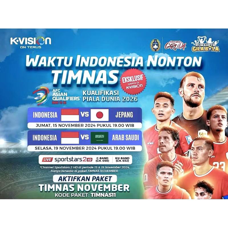 Voucher Paket Timnas Kualifikasi Piala Dunia 2026 KVISION Paket Bola Timnas K-Vision Promo