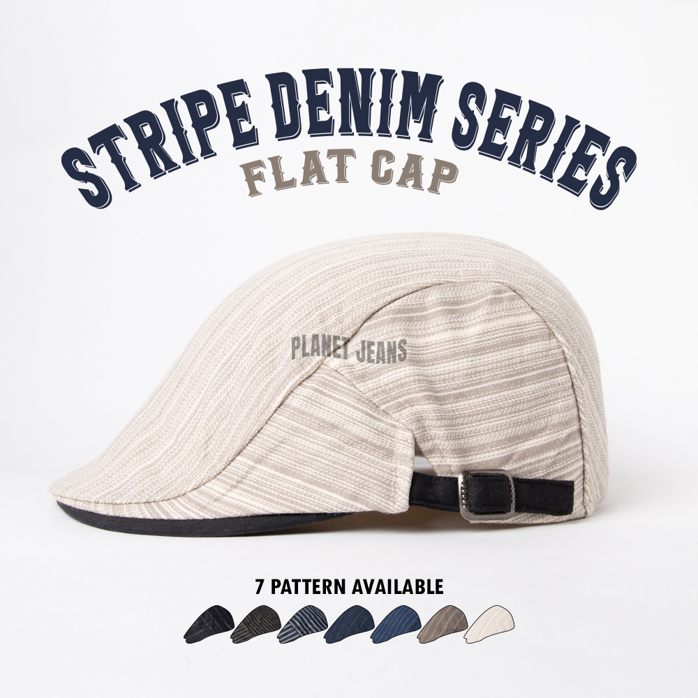 Topi Newsboy Bahan Denim Salur Stripe Pet Flat cap Retro - FC14 Planet Jeans