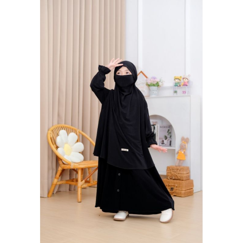 Gamis Anak Perempuan 1-11tahun Warna Hitam Khumaria Set French Khimar Full Cadar Gamis Syari Anak Se