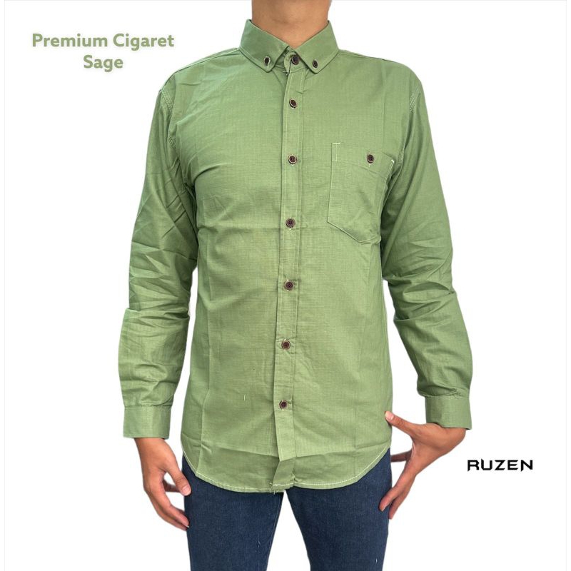 kemeja RUZEN  cowok polos sage tua, hijau lemon, salem cotton cigaret premium lengan panjang terbaru