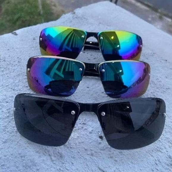 Kacamata Hitam Frameless Bor Baut Elegan Lensa Hitam, Pelangi Biru dan Pelangi 3 warna Tebal Berkual