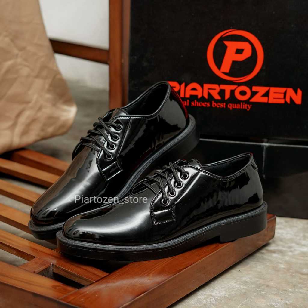 Sepatu pdh pria pantofel pendek hitam kilap security tni polri model gibson kulit sintetis premium