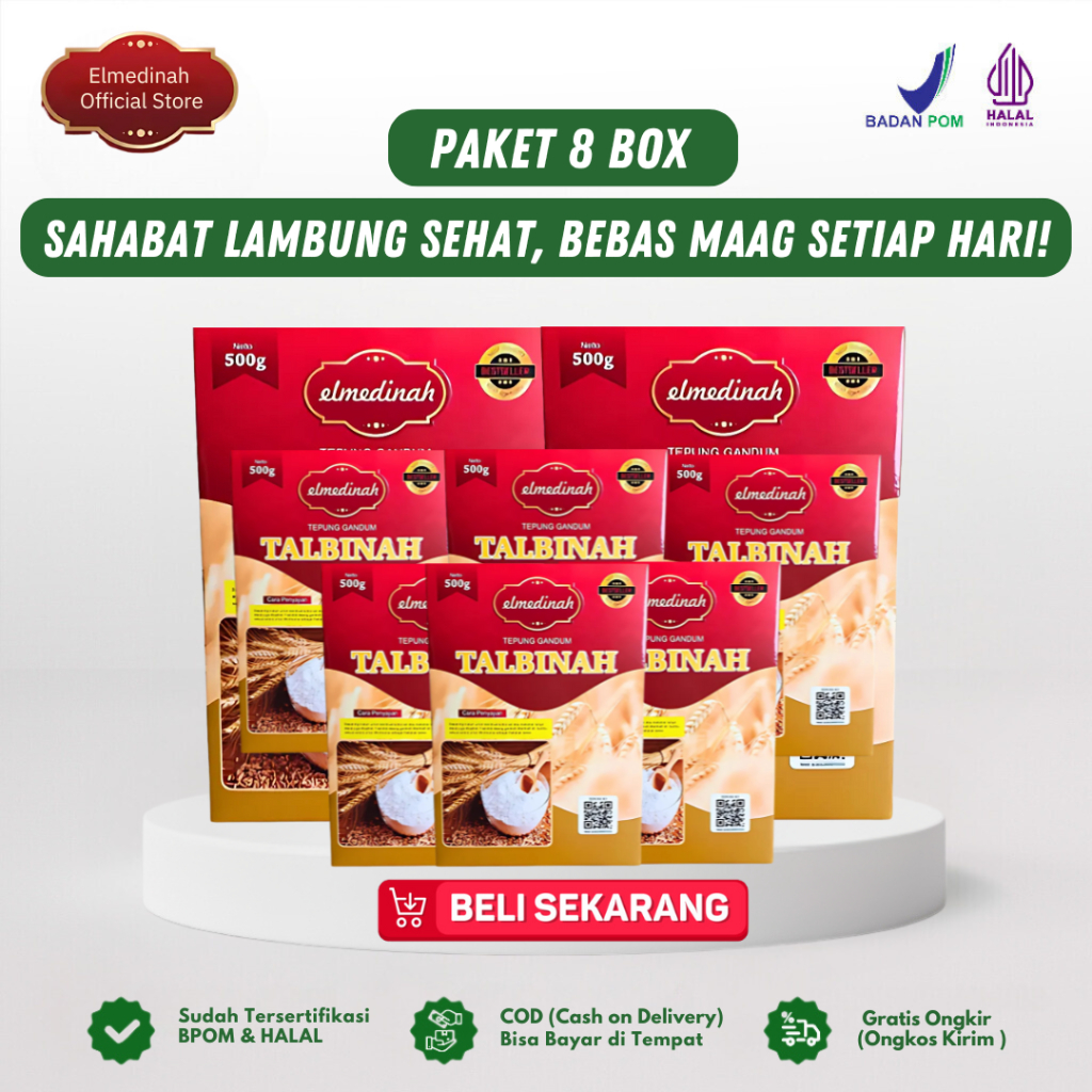 

Talbinah Elmedinah - Paket 8 Box Talbinah Resep Thibb Nabawy 500gr - Tepung Gandum Original 100%