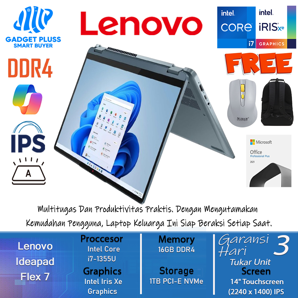 Laptop Touchscreen Lenovo Ideapad Flex 7 14 Intel Evo i7 1355U Ram 16GB 1TB SSD 14.0 2.2K IPS BL FP 