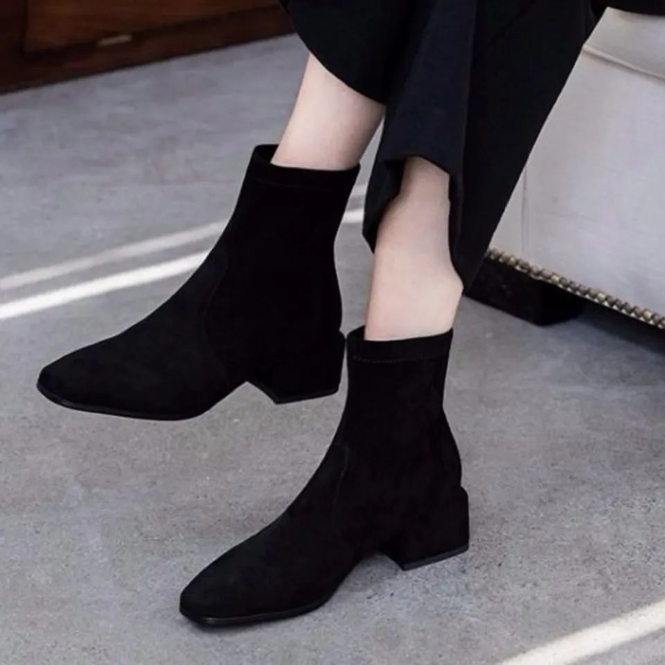 Sepatu wanita mewah hak tebal pendek sepatu bot tipis elastis wanita