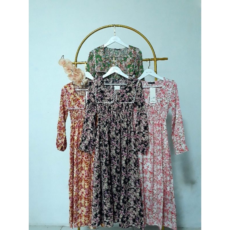 Frendi collection | Long dress kerah motif bunga premium import, Dress smoke korean style lengan pan