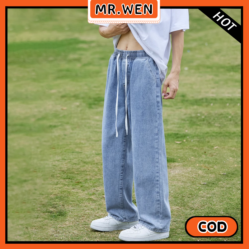 Celana Jeans Pria Korean style Pinggang Karet Biru Muda straight jeans Longgar Korean style celana k
