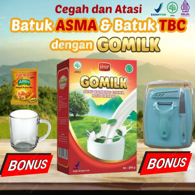 

Gomilk (Beli 1 gratis Jahe, beli 3 gratis set pisau / gelas cantik) Bantu atasi Batuk kronis, TBC, Asma, Jantung, paru², kebas, asam urat, koletrol dll