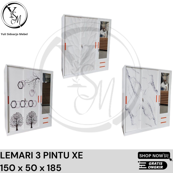 Lemari Baju 3 Pintu 150 cm - Lemari Baju Besi Sliding - Lemari Baju Besi - Lemari sliding Baju Besi