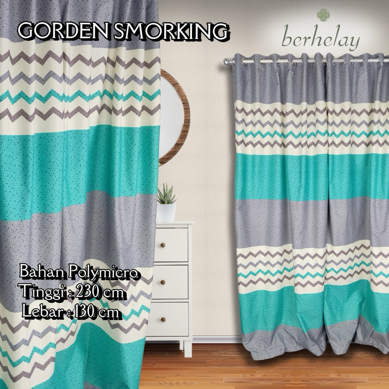 Gorden Smokring Polymicro Pintu Atau Jendela Motif Minimalis Zig Zag Zigzag Tosca