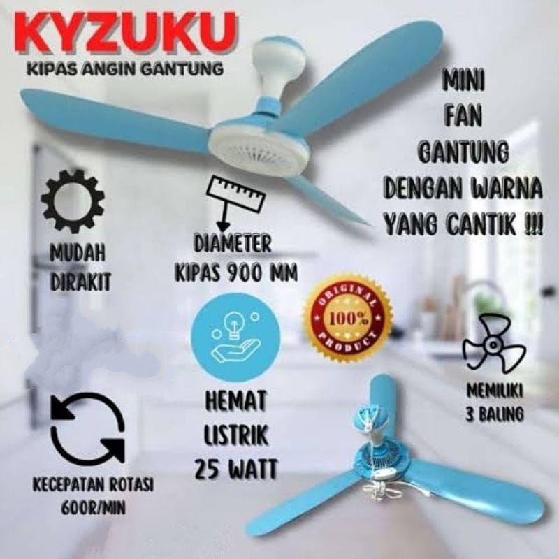 Kipas Angin Gantung / Plafon KYZUKU 20W & 25W | Kipas Gantung 3 Baling Plastik 20W & 25W