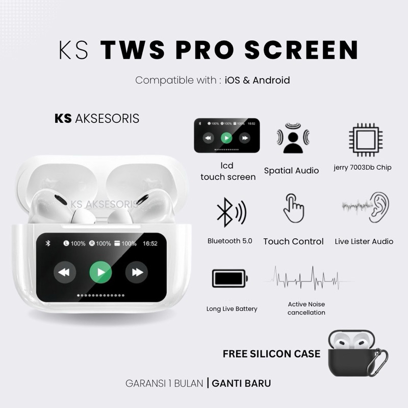 KS TWS PRO SCREEN DISPLAY ANC/ENC TWS Earphone Headset Bluetooth V5.4 Smart Screen Active Noise Redu