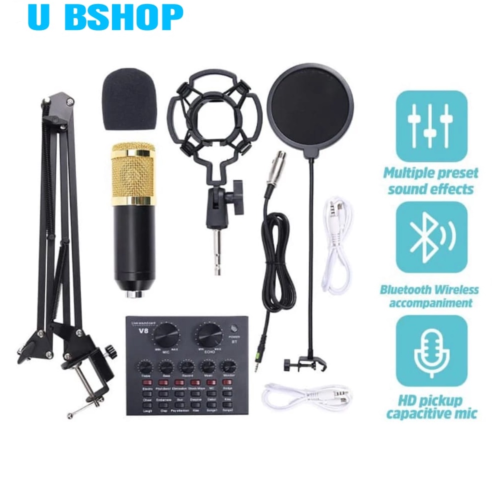 Diskon Ngetrends  TERMURAH  PAKET MICROPHONE Mic Condenser BM 8 SOUNDCARD V8