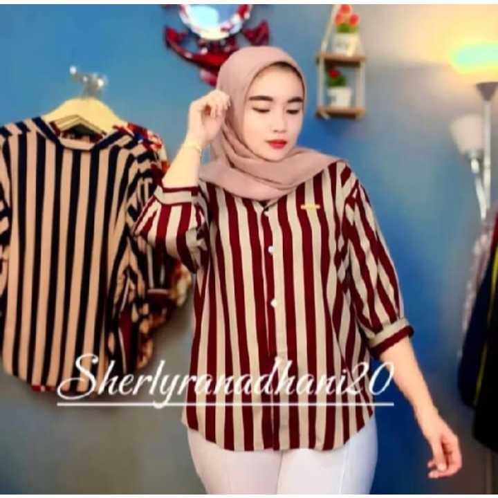 COD  Kemeja Wanita Jumbo Motif Salur Ld 120 Kemeja Wanita Lengan Panjang Terlaris baju wanita model 