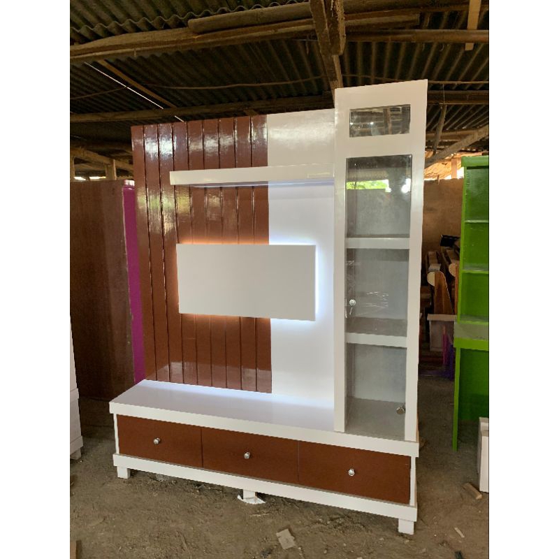 Bupet tv rak tv meja tv minimalis lampu led partisi seketsel penyekat ruang pintu kaca laci kayu lem