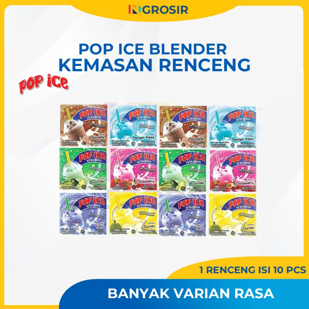 

POP ICE RENCENG ISI 10 SACHET COKELAT/TARO/STRAWBERRY/DURIAN/GRAPE/AVOCADO/PERMEN KARET/CAPPUCINO