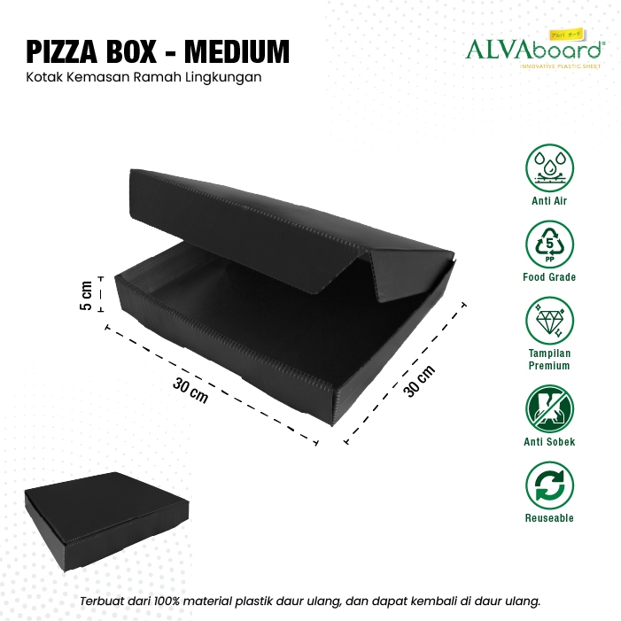 

Kardus Packaging ALVAboard Box Pizza Food Grade Medium Ukuran 30x30x5 cm (P x L x T) Bundling Isi Per 5 Pcs