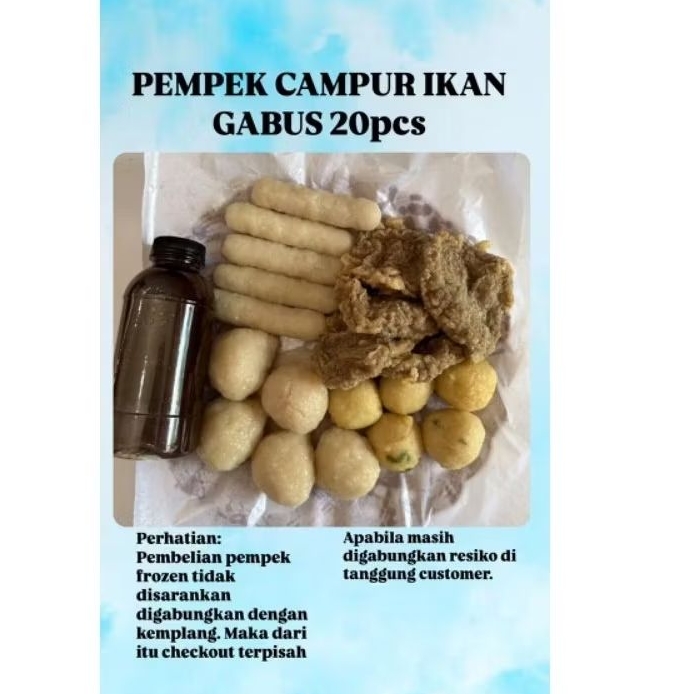 

(WAJIB PILIH JASA PENGIRIMAN JNT) PEMPEK CAMPUR IKAN GABUS ISI 20PCS + CUKO 200ML