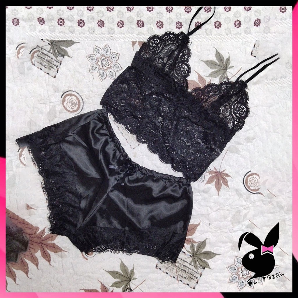 PLAYGIRL Baju Tidur Wanita Set Celana Pendek Wanita + Tank Top Renda Berwarna Hitam Motif Flora Polo