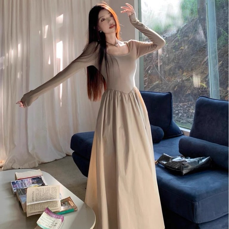 Dress Prancis,Dress Abu -abu, Dress panjang -lengan,  Temperamen Sensorik Tingkat Tinggi Baru Rok Pa