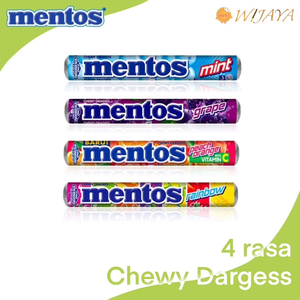 

MENTOS Roll Permen Chewy Dragees Mint / Fruit / Peach Orange / Anggur 37 Gram