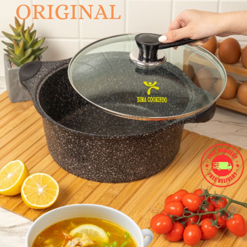 BIMA COOKINDO stockpot anti lengket granite-panci serbaguna tutup kaca 28 cm.