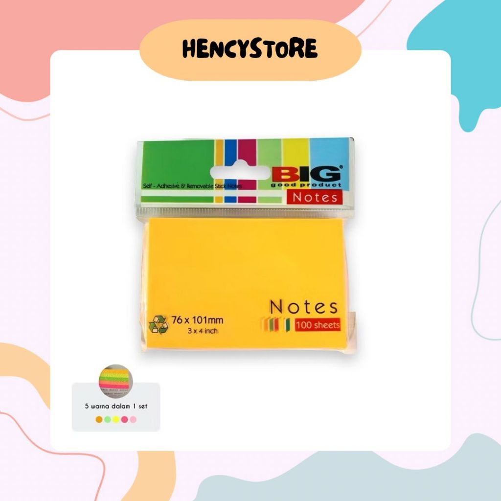 

(HencyStore) BIG STICKY NOTES WARNA / NOTE KERTAS / MEMO TEMPEL TUMPUK 76 x 101 mm