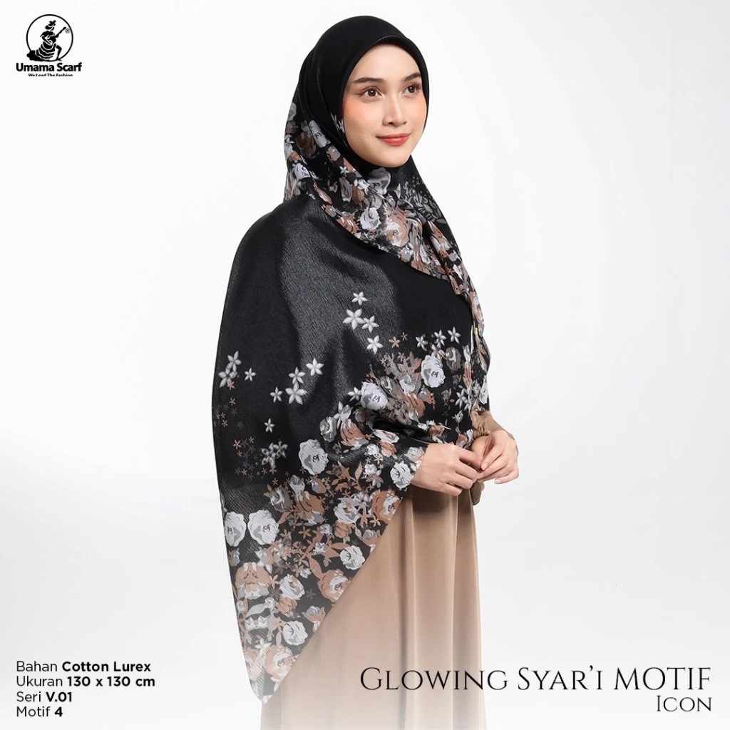 Kerudung Segiempat Motif umama Glowing Print Metal logo Lasercut