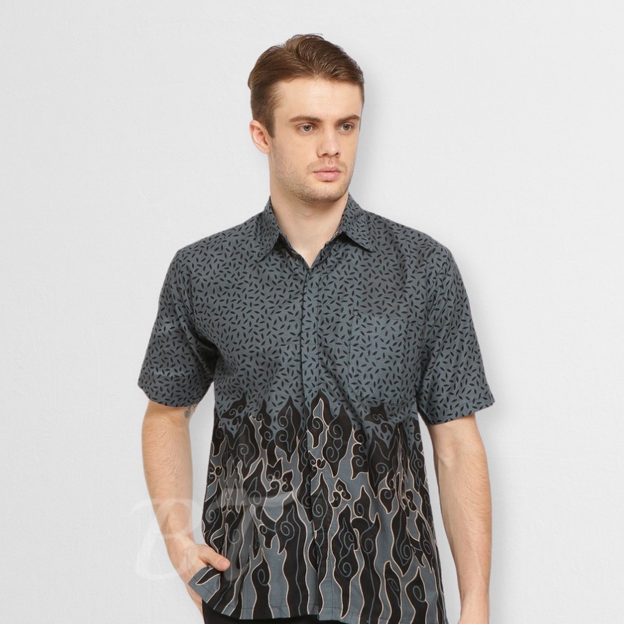 BATIK TRUSMI Baju Batik Hem Pria Kemeja Pria Lengan Pendek Batik Mega Mendung Kombinasi Beras Tumpah
