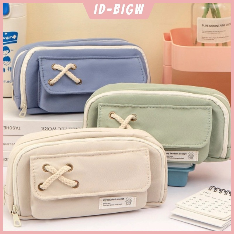 

【Ready】Tempat Pensil Pita Silang Kotak Pensil Tali Rami Ritsleting Ganda Bahan Kanvas Pouch Tempat Alat Tulis Perlengkapan
