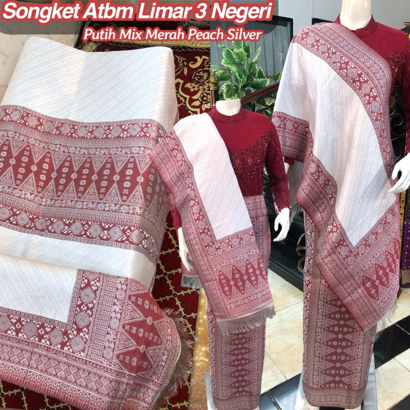NEW Songket Atbm Limar 3 Negeri Exclusive  Putih Merah Peach Silver/ Songket Tenun Mesin Palembang i
