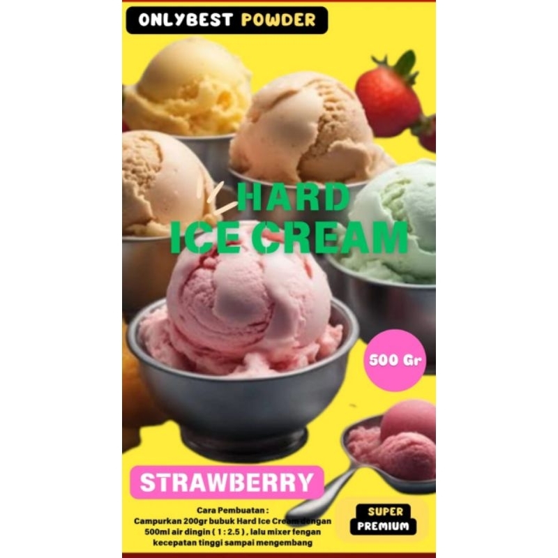 

Bubuk Hard Ice Cream STRAWBERRY 1kg 10 Ltr Ice Cream / Bubuk Ice Cream STRAWBERRY 500Gram Super Premium Onlybest Powder / Bahan Ice Cream STRAWBERRY 500 Gram Super Premium/Bubuk Ice Cream/Ice Cream Powder / Bubuk Es Cream / Bubuk Es Krim /Tepung Es Krim