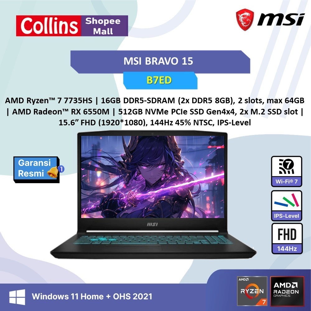 MSI BRAVO 15 RYZEN 7 7735HS AMD RX6550M 4GB/ 16GB 512 W11+OHS 15.6FHD 144HZ BLIT 2Y BLK -B7ED.034