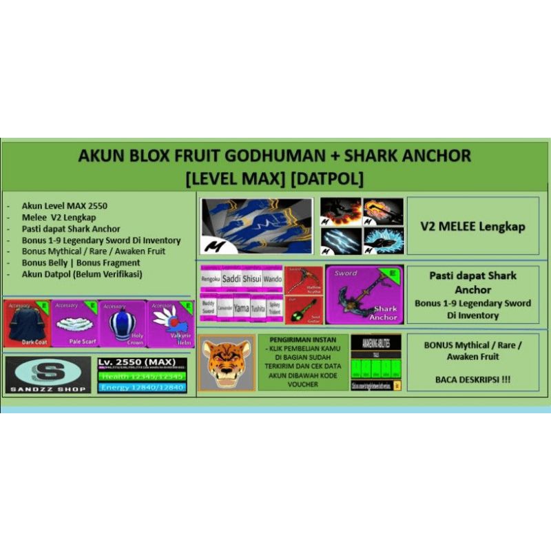 Akun Blox Fruit GODHUMAN + SHARK ANCHOR [Level MAX] [Datpol] [Belum Verifikasi]