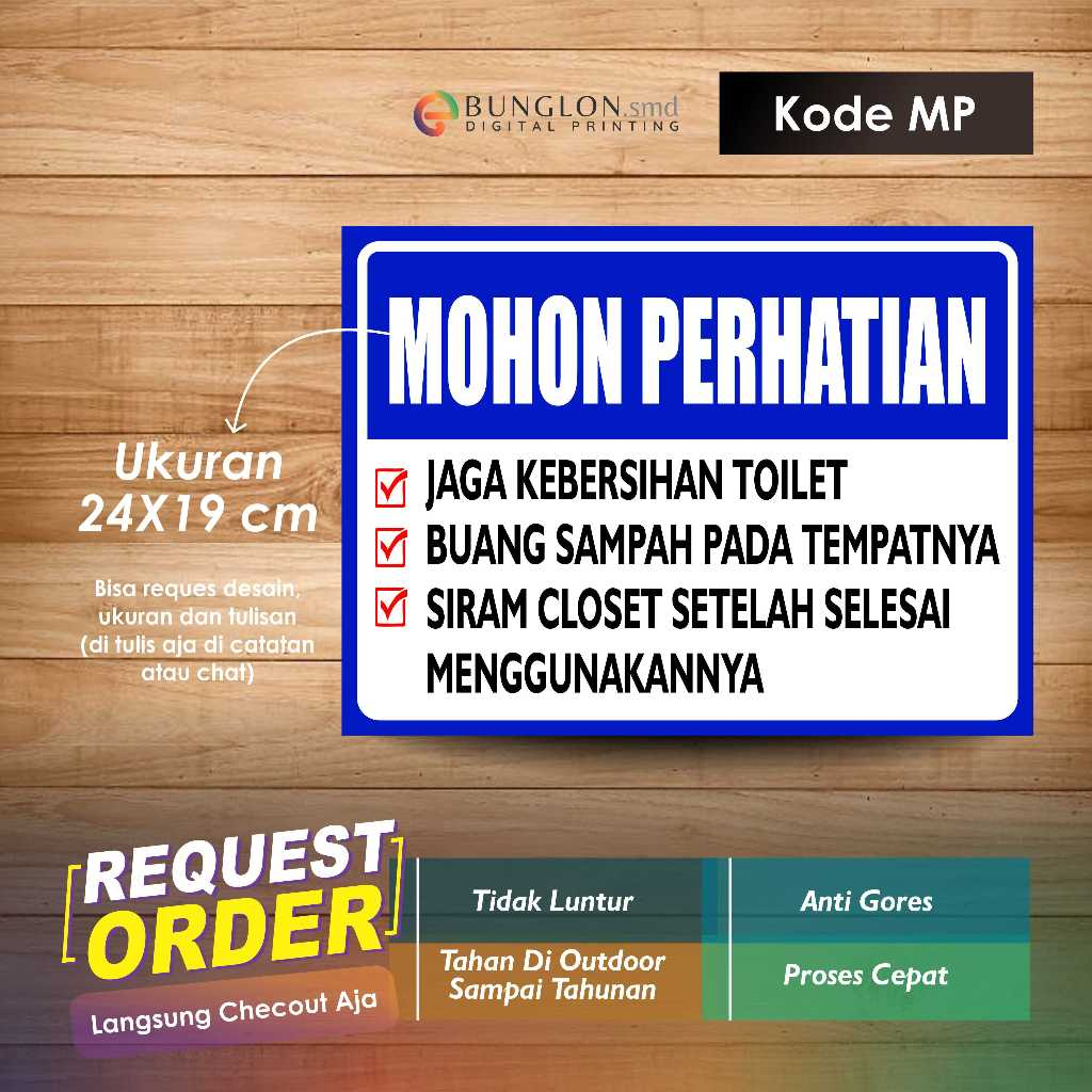 

STIKER MOHON PERHATIAN KEBERSIHAN TOILET plus LAMINASI KODE MP BIRU CERAH