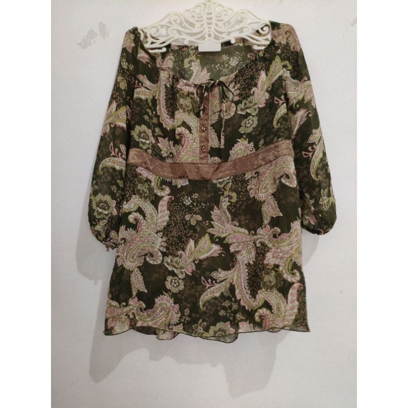 Blouse Siffon Sabrina Chiffon Pasley Hijau Matcha Serut Baloon Cewek Wanita