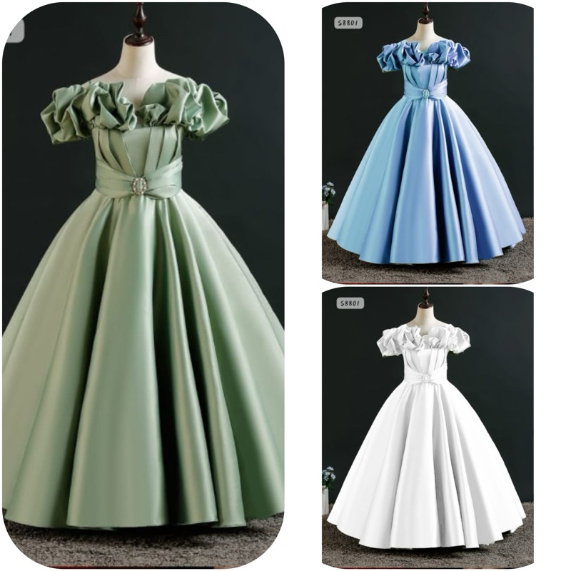 GAUN PESTA ANAK PREMIUM BAHAN SATIN BRIDAL 5-12 TH/ GAUN NATAL ANAK WARNA SAGE MEWAH