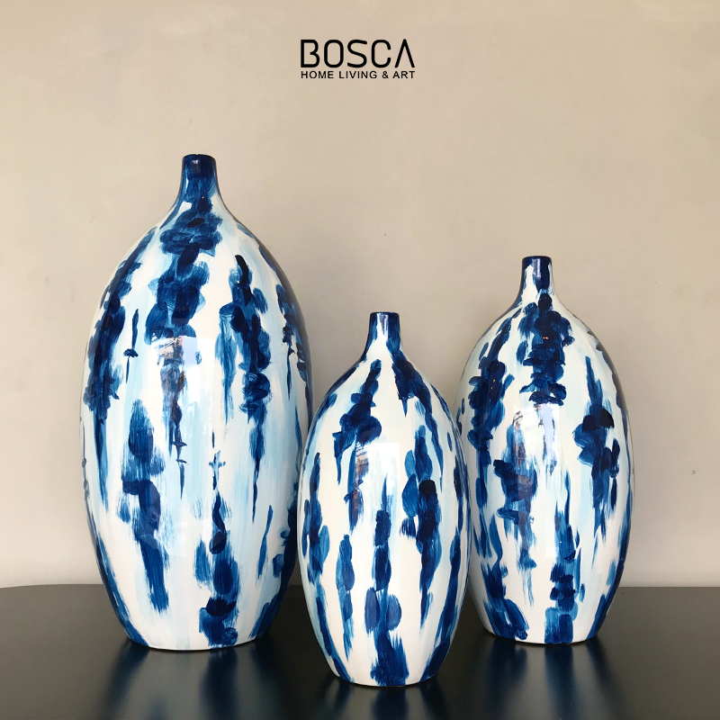 Bosca Living - Blue Line Guci Ceramic / Pajangan Guci Keramik Mewah Import / Hiasan Dekorasi Keramik