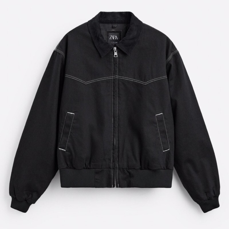 ZARA Men Bomber Jacket With Contrast Topstitching Jaket Pria Black