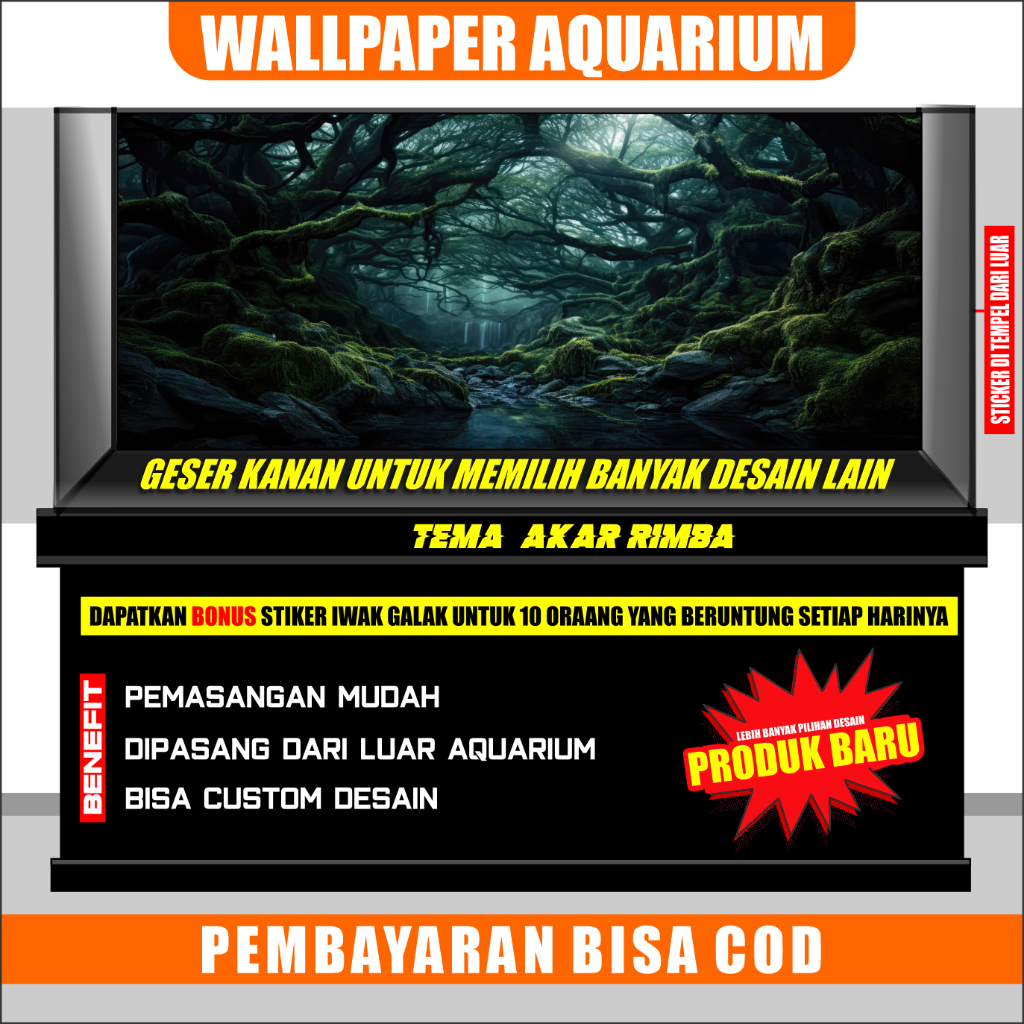 background aquarium 3d,wallpaper aquarium belakang 3d, hiasan aquarium akar ranting hutan aquaspace