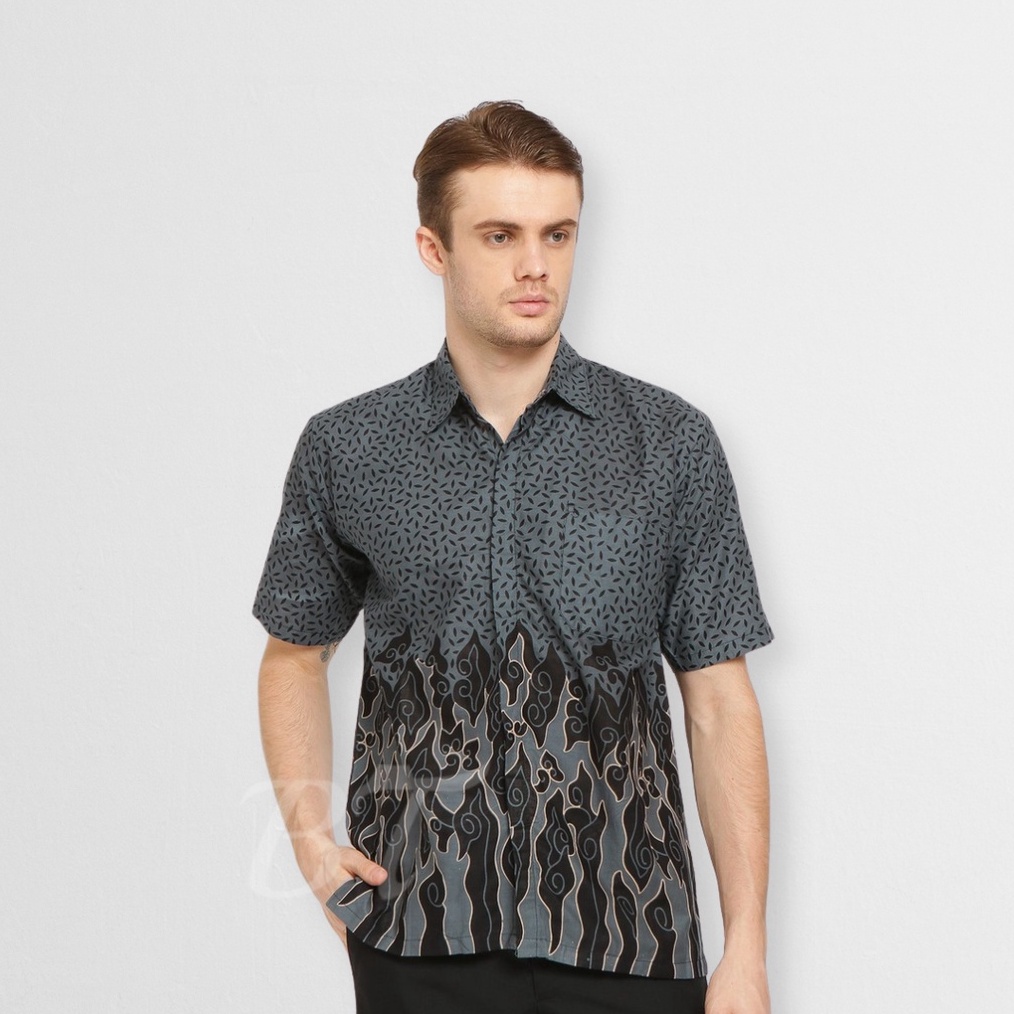 BATIK TRUSMI Baju Batik Hem Pria Kemeja Pria Lengan Pendek Batik Mega Mendung Kombinasi Beras Tumpah