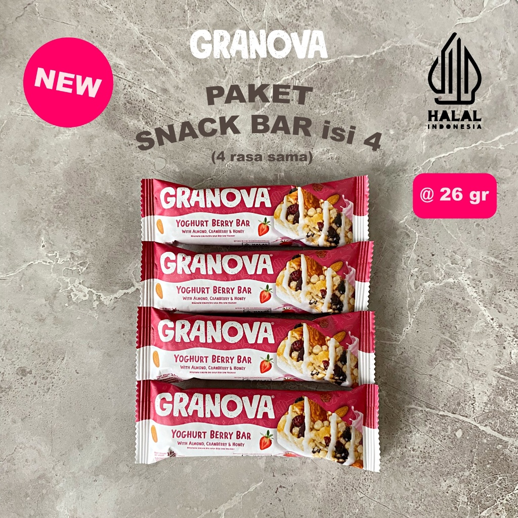 

Granova - Snackbar Yoghurt Berry 26gr x 4 pc (Rasa Beri dan Yoghurt) - Cemilan Sehat, Gandum, Halal