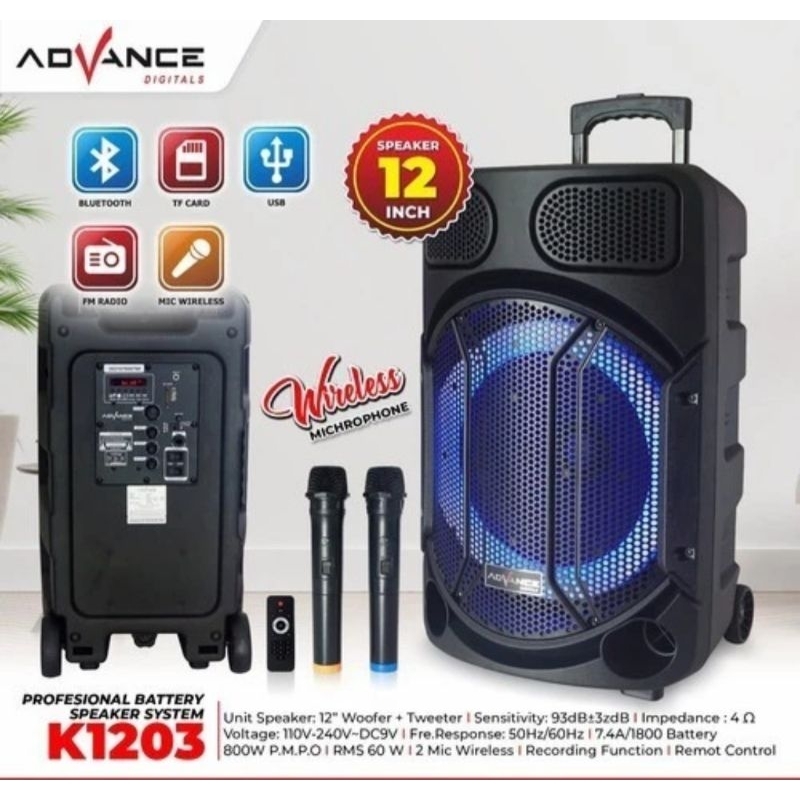 Speaker Portable Advance K1203 12 inch Free 2 Mic/Speaker Bluetooth Advance K1203 ORI